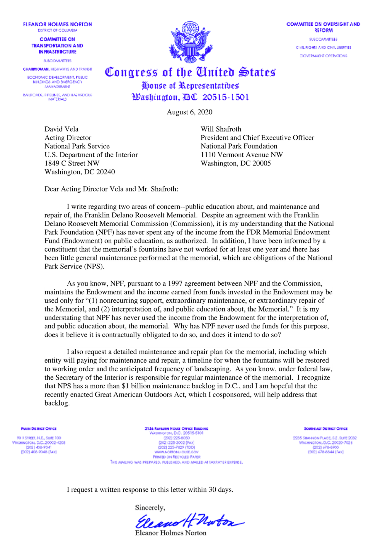 Letter from Eleanor Holmes Norton